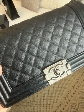 CHANEL Black Quilted Caviar Leather Medium Boy Bag with Silver Hardware